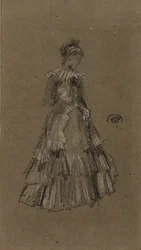 Pysyvä nainen röyhkeässä mekossa, n. 1873-1875 (musta ja valkoinen liitu ruskealla paperilla)